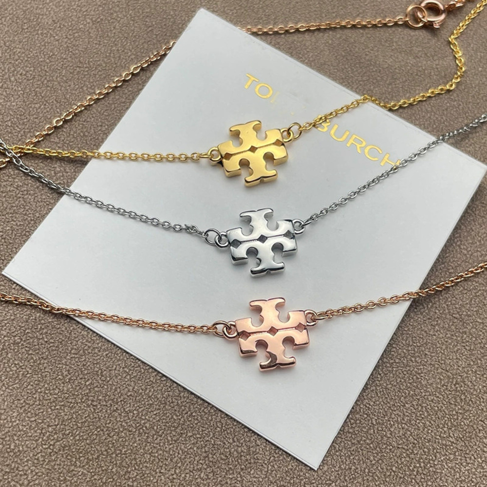Tory Burch Gold Plated Double Pendant Letter Logo Necklace